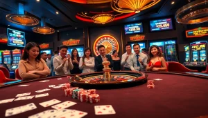 Gambling enthusiasts enjoy the excitement of EV88 net's luxurious casino experience with vibrant gaming tables and roulette.