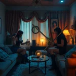 NSFW roleplay scene with couples in fantasy costumes, playful ambiance.