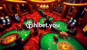 A vibrant casino scene with players engaging in games at shbet.you, showcasing colorful poker chips and illuminated slot machines.