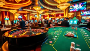 Experience high-stakes gaming at VVJL with vibrant casino tables and roulette wheels.