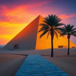 Piraminds highlighted in a stunning sunset, showcasing ancient Egyptian architecture.