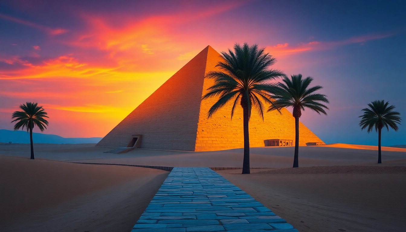 Piraminds highlighted in a stunning sunset, showcasing ancient Egyptian architecture.