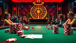 RR88 players enjoying an exciting game at a luxurious casino table with chips and cards.