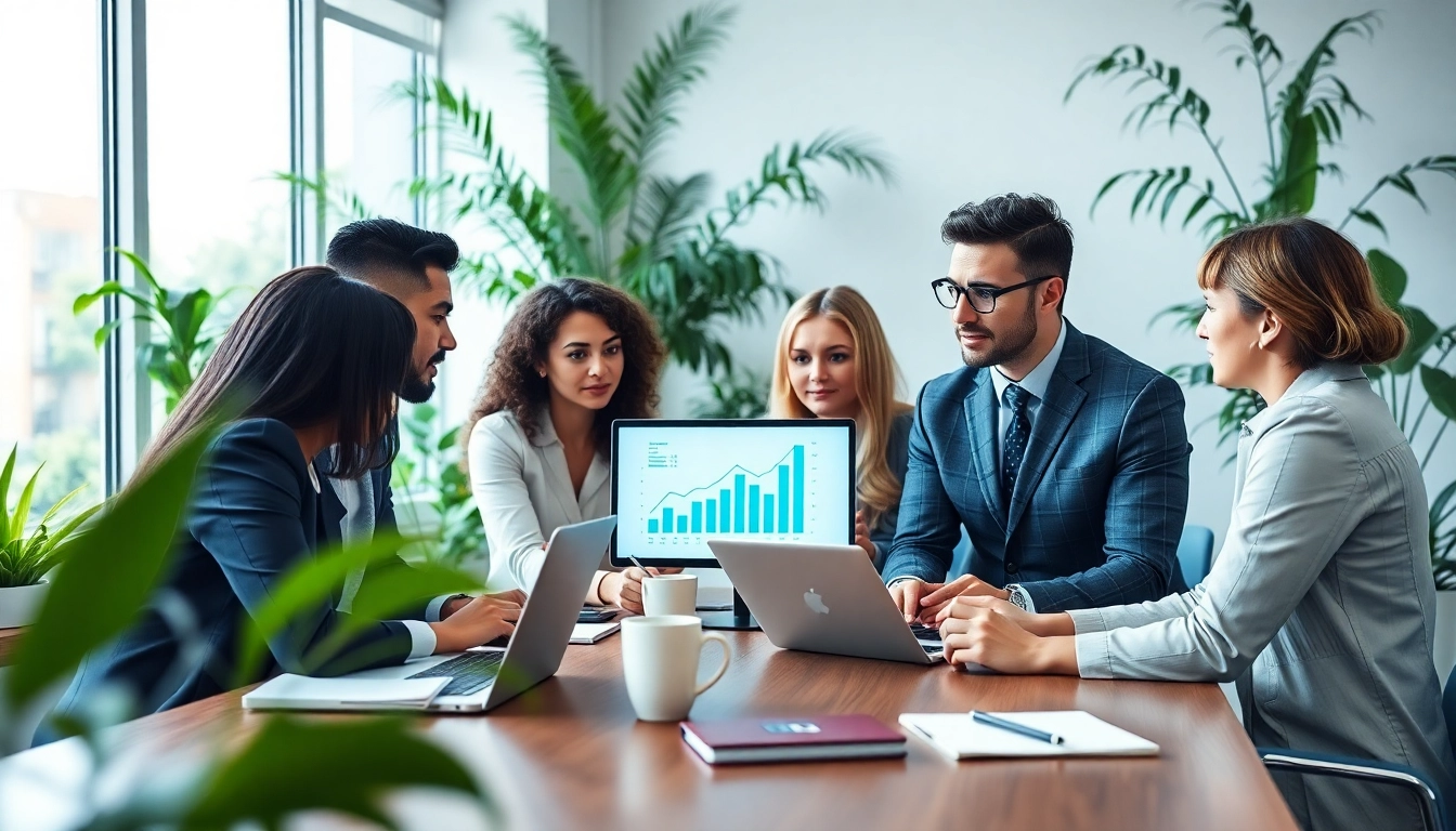 Team analyzing business growth insights during a strategic meeting in a modern office.