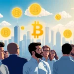 Comprendre bitcoin à travers une illustration dynamique représentant une discussion collaborative sur la monnaie numérique.
