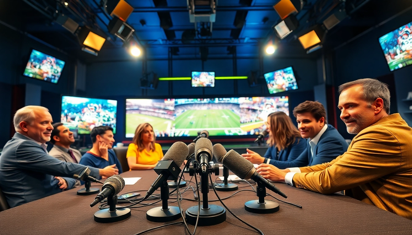 Engaging sports broadcasting studio with diverse commentators and dynamic screens.