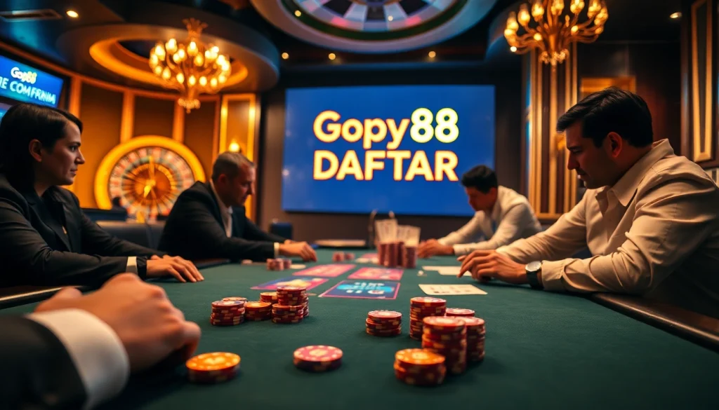 Exciting scene at a poker table with Gopay88 Daftar prominently displayed, showcasing gambling excitement.