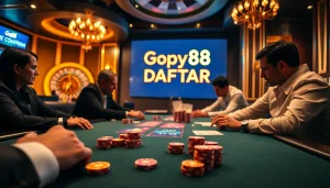 Exciting scene at a poker table with Gopay88 Daftar prominently displayed, showcasing gambling excitement.
