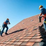 Workers installing high-quality roofing solutions on a modern home, showcasing professionalism and skill.