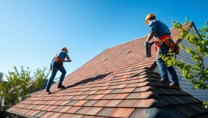 Workers installing high-quality roofing solutions on a modern home, showcasing professionalism and skill.