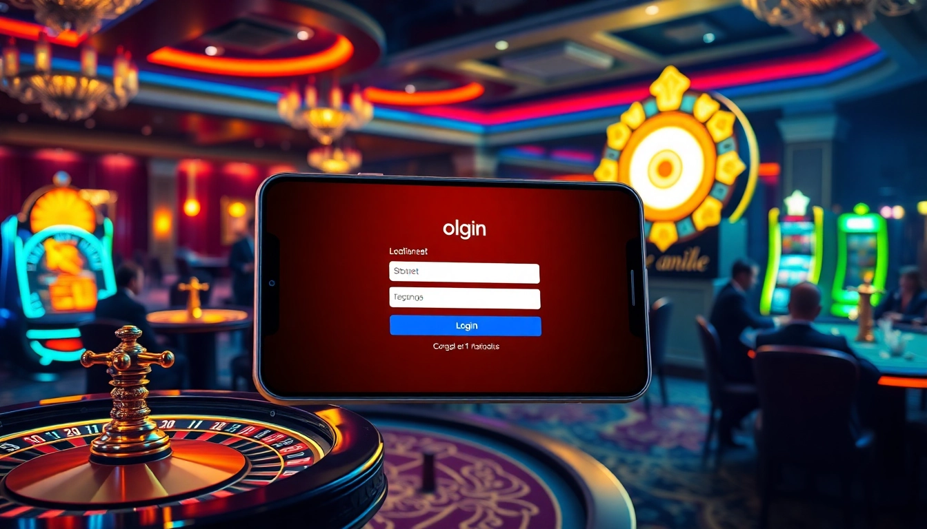 Sbobet login terbaru displayed on a stylish smartphone amidst a vibrant casino atmosphere with poker chips and roulette.