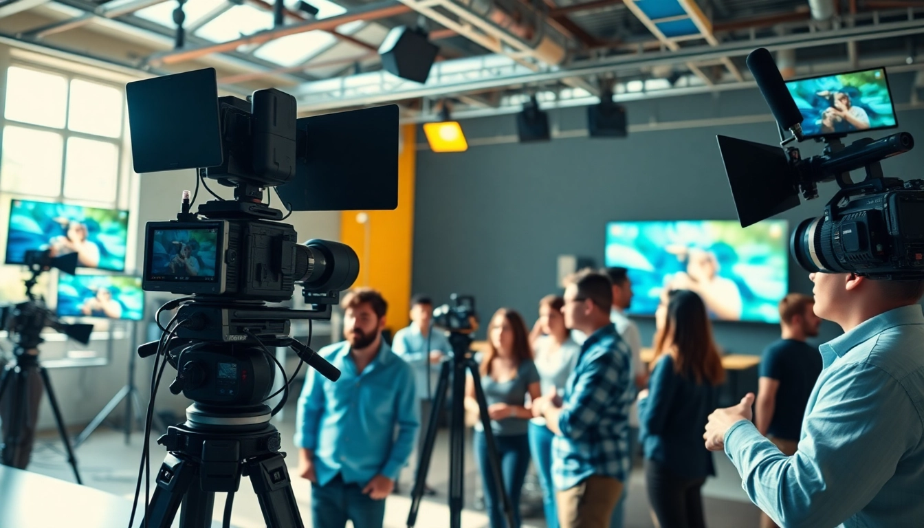 Create an engaging corporate video production scene with diverse professionals collaborating.
