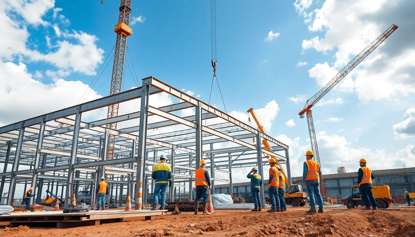 Workers engaged in structural steel construction assembly on a busy job site.