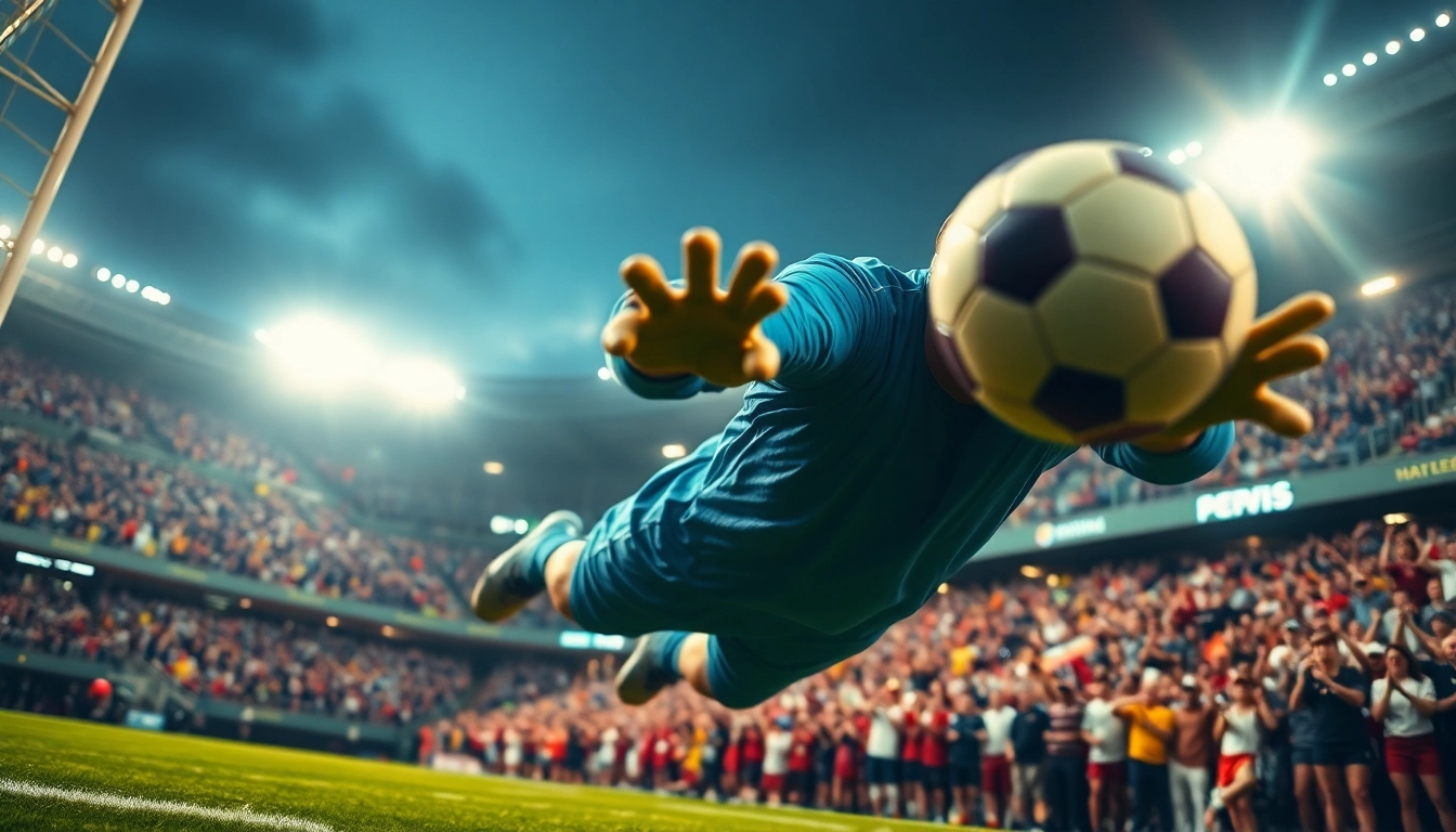 Capture the excitement of a football save in action featuring ผลบอลสดgo, showcasing a goalkeeper's skills.