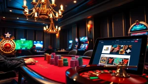 Engage in high-stakes action at SHBET's luxurious casino environment featuring poker and roulette.
