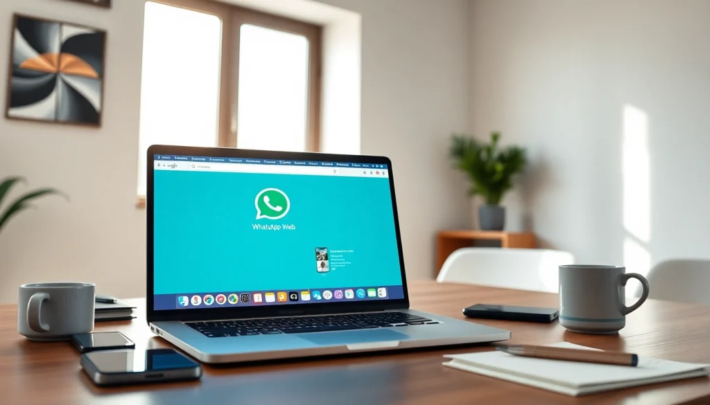 笔记本电脑上的 WhatsApp Web 的生动场景，位于明亮的现代工作空间。