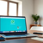 笔记本电脑上的 WhatsApp Web 的生动场景，位于明亮的现代工作空间。