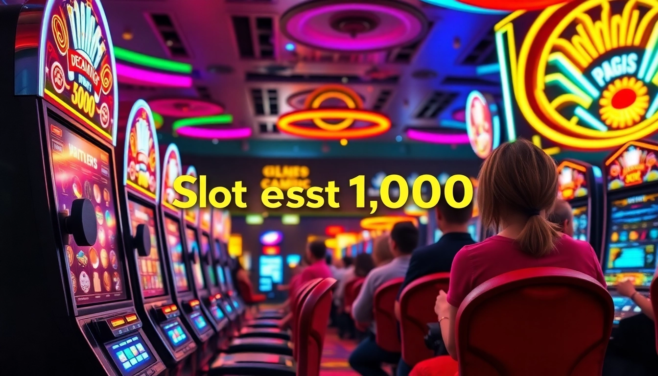 Menangkan slot deposit 1000 pada mesin slot yang penuh warna dengan suasana kasino yang ramai.