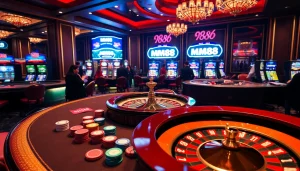 Exciting scene at MM88 casino with poker chips, cards, and roulette wheel showcasing vibrant gambling action.