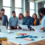 Engaged construction member organization team discussing plans and strategies in a modern office