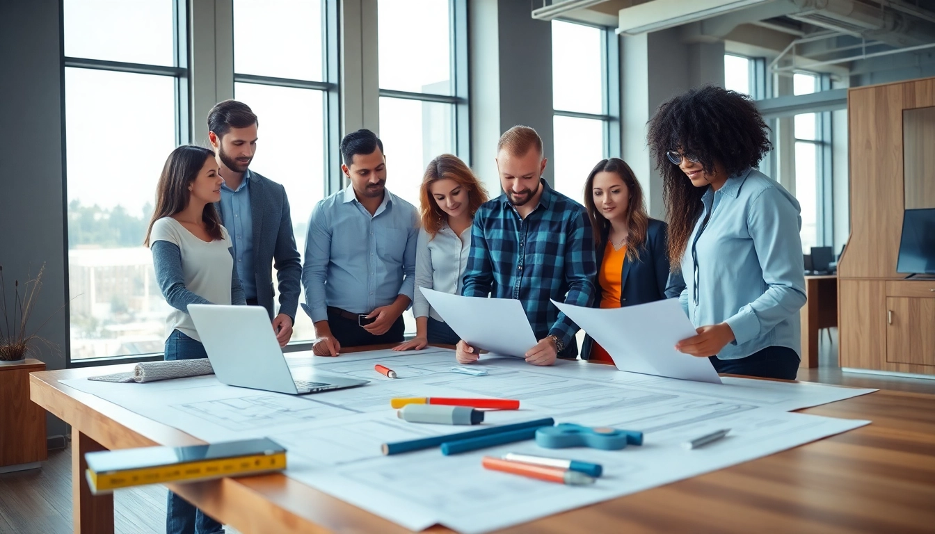 Engaged construction member organization team discussing plans and strategies in a modern office