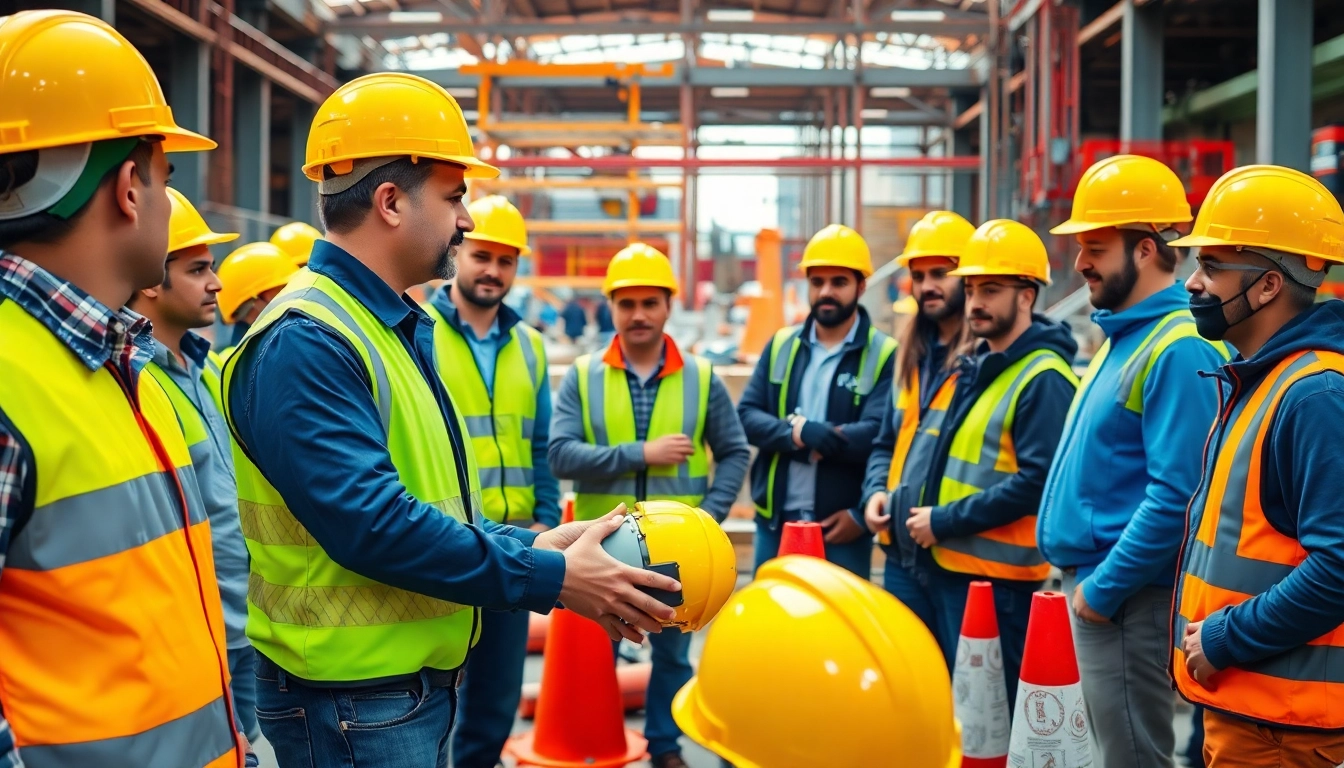 Engaged construction safety training with diverse professionals at a construction site.