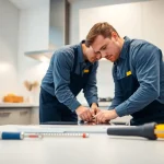 BOSCH dishwasher repair in a modern kitchen with an appliance technician at work.
