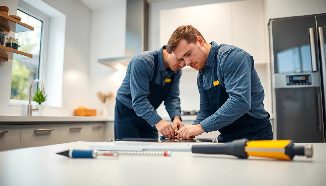 BOSCH dishwasher repair in a modern kitchen with an appliance technician at work.