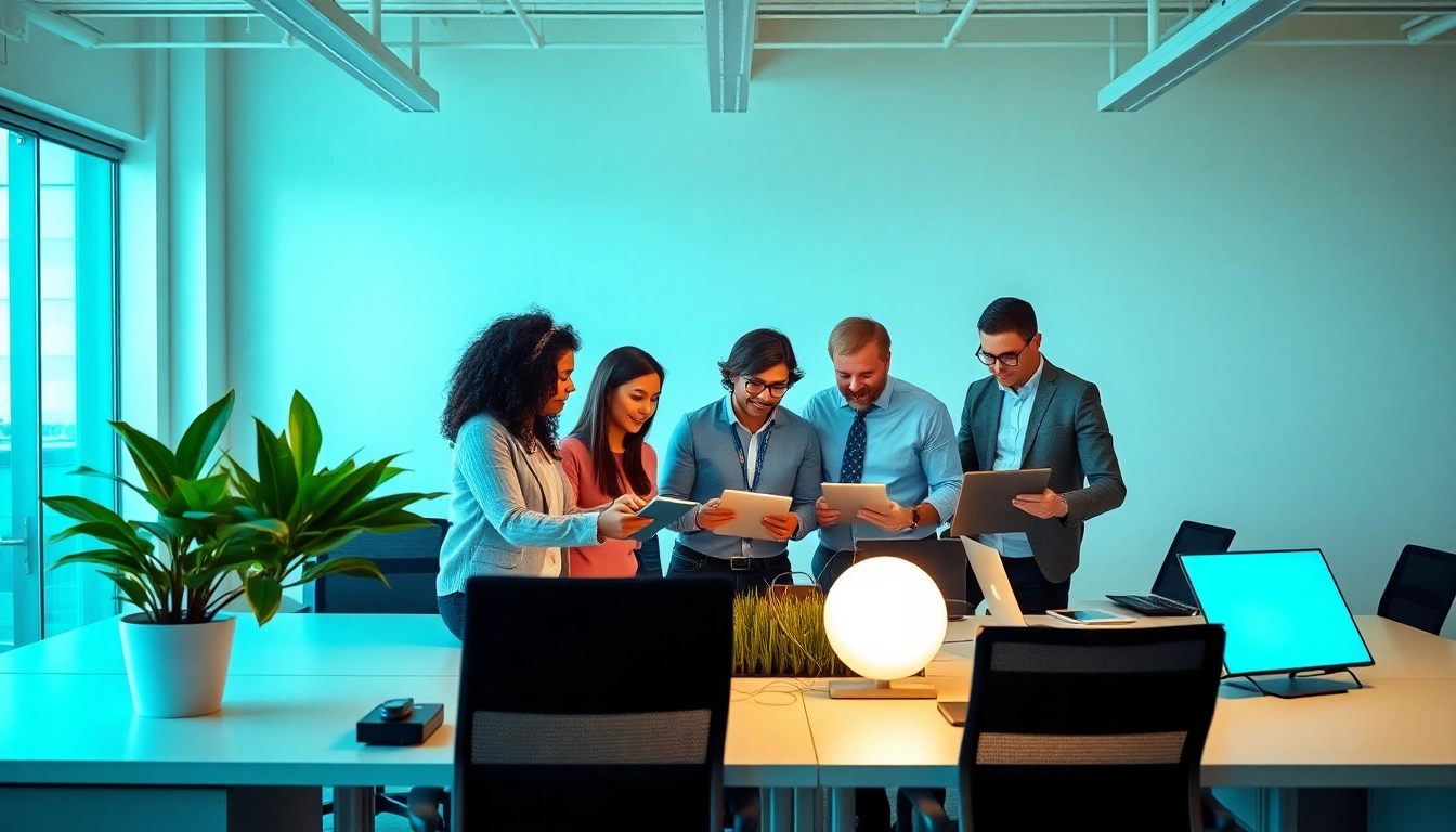 Engaged team from digital first warranty company discussing innovative solutions in a modern office.