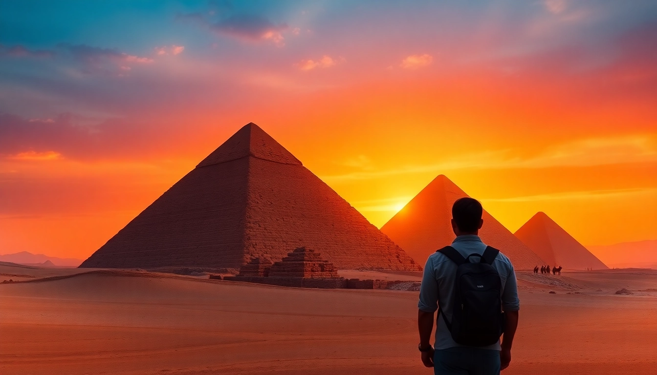 A stunning view of piraminds against a serene sunset backdrop, highlighting their grandeur.