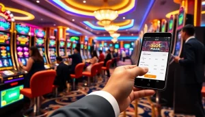 Engaging scene of players enjoying slot deposit pulsa at a luxurious casino with vibrant slot machines.