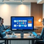在现代工作区的电脑屏幕上显示的 WPS Office，专业人士正在协作。