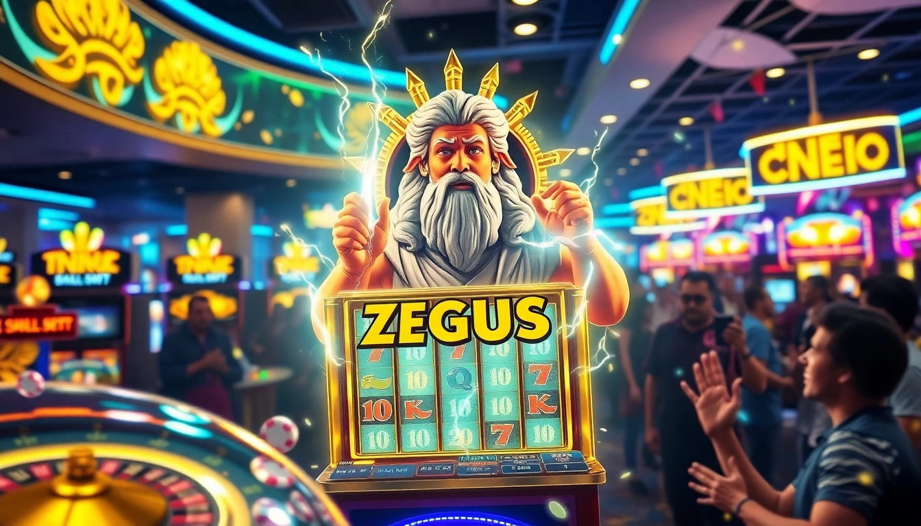 Pemain berinteraksi dengan mesin slot Zeus di lingkungan kasino yang hidup, penuh semangat.
