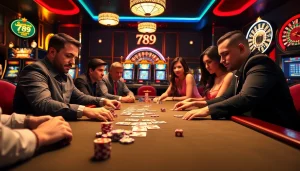 Experience the excitement of gaming at the 789 club with intense card play and vibrant casino elements.