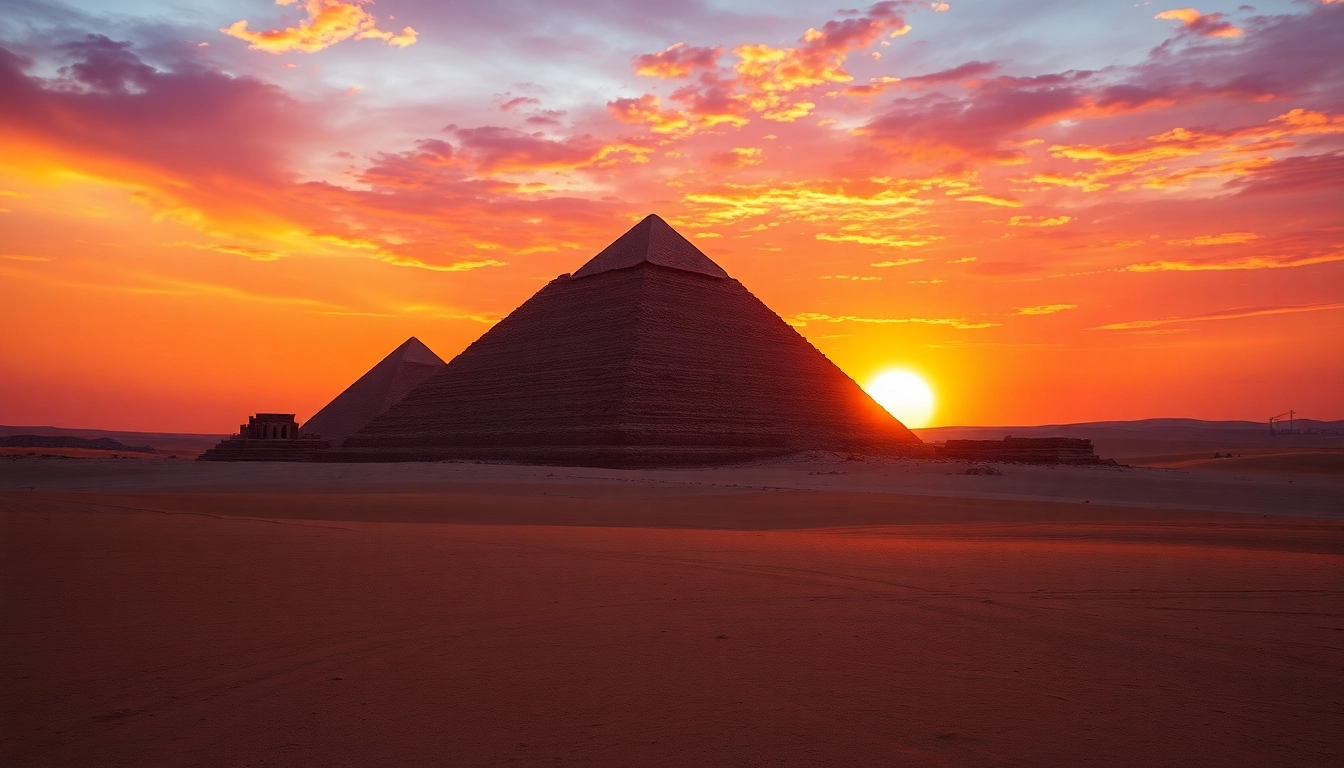 Fascinating view of piraminds under a vibrant sunset showcasing rich colors and textures.