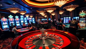 Experience the thrill of gambling at Haywin's luxurious casino with vibrant gaming tables and slot machines.