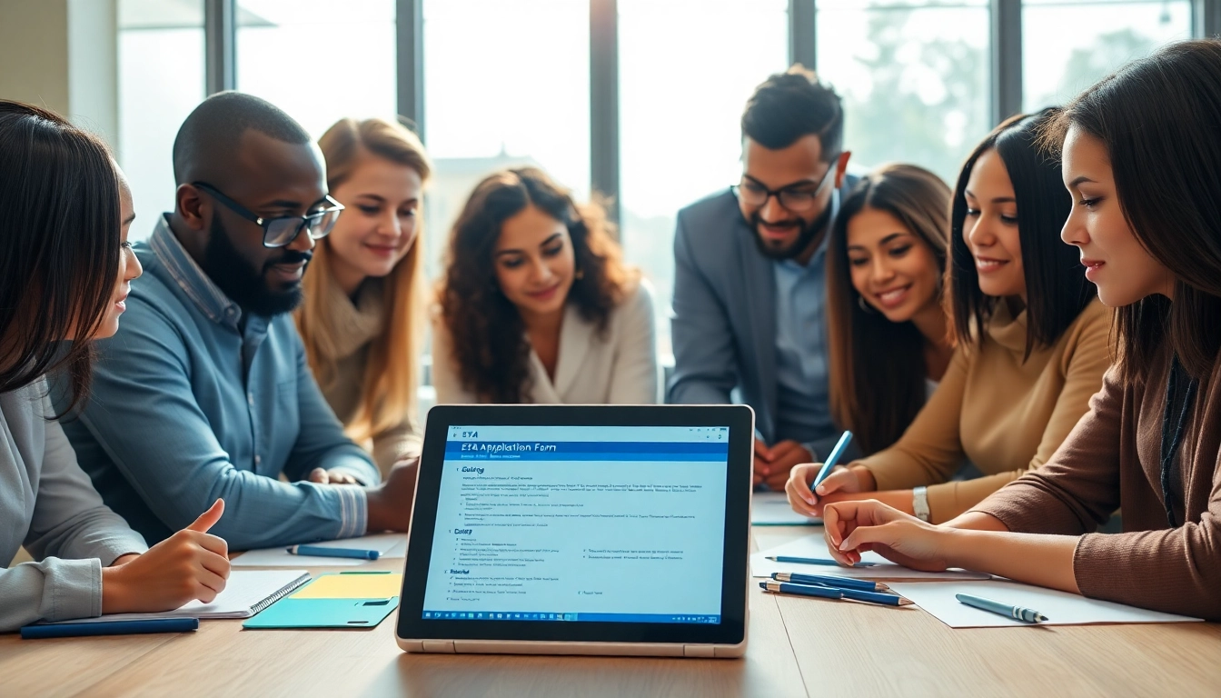Individuals engaging with the eta uk application form in a collaborative office setting.