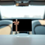Showcase a stylish window tint gift card presented elegantly beside luxury car interiors.