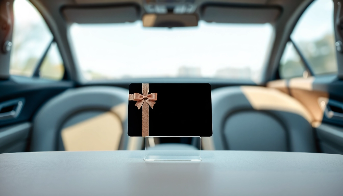 Showcase a stylish window tint gift card presented elegantly beside luxury car interiors.