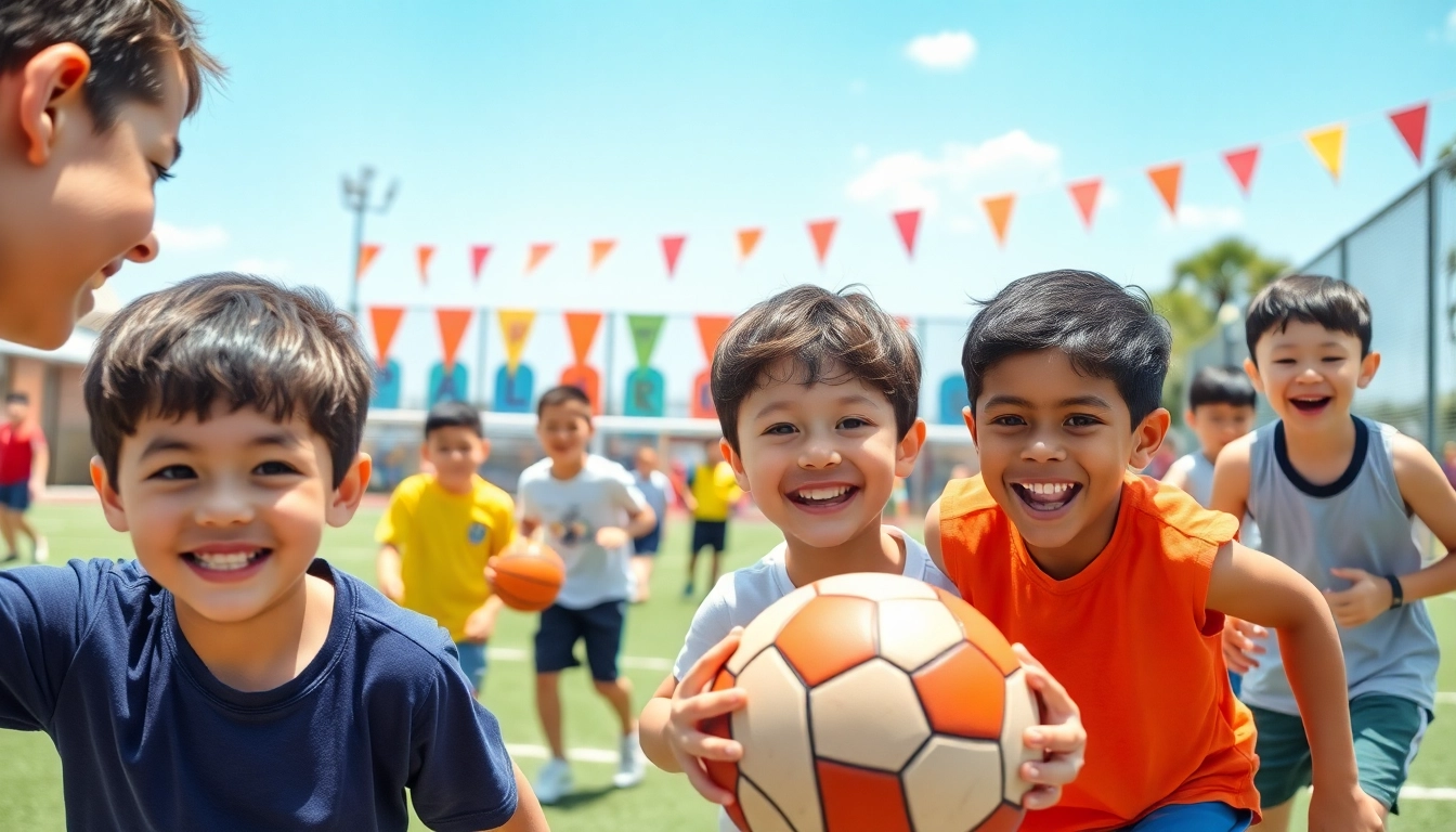 Young athletes participating in Multi Sports Camps for Boys, showcasing teamwork and excitement.