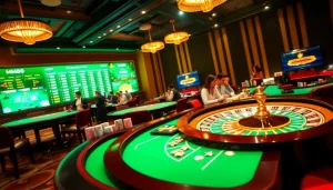 The MM88 casino scene with vibrant poker tables and an exciting roulette wheel in a luxurious setting.