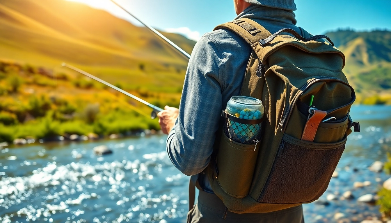 Angler using a fly fishing backpack while casting line by a serene river scenery.