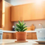 Carbon monoxide detector beeping alert in a bright, modern kitchen setting.