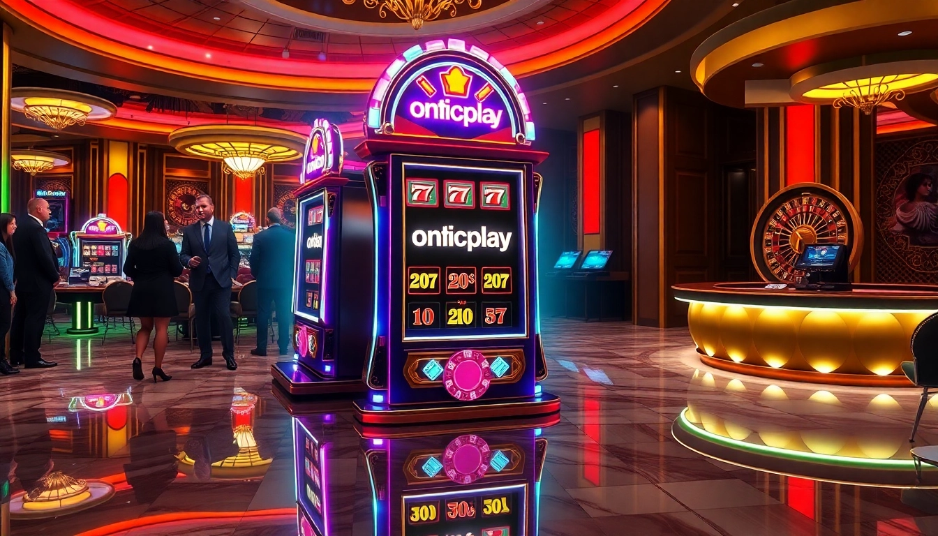 Experience the excitement at Onicplay's vibrant casino slot machine with eager players and dazzling lights.