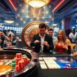 Players engaging in link mahjong game at a lively casino with roulette wheel and vibrant atmosphere.