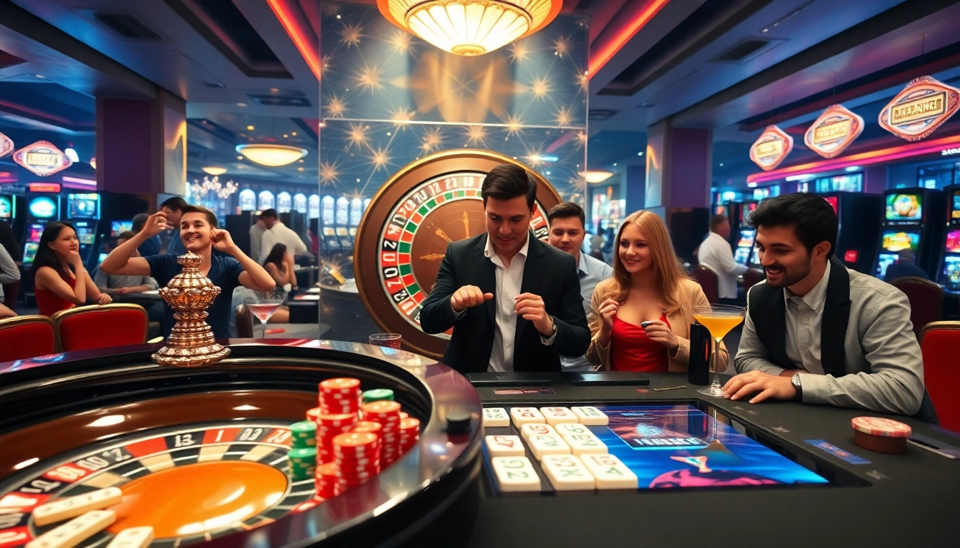 Players engaging in link mahjong game at a lively casino with roulette wheel and vibrant atmosphere.