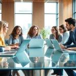 Engaged team developing strategies for Social Media Marketing in a bright office setting.
