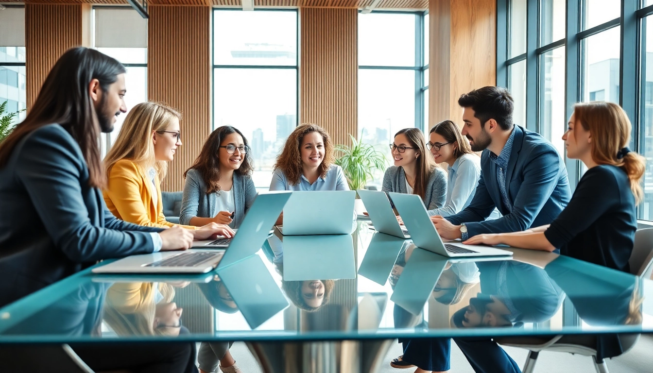Engaged team developing strategies for Social Media Marketing in a bright office setting.