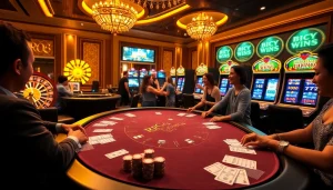 Players enjoying a thrilling gaming experience at RR88 casino, featuring poker chips and roulette.