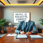 Intellectual property lawyer consulting clients in a modern office with legal documents.